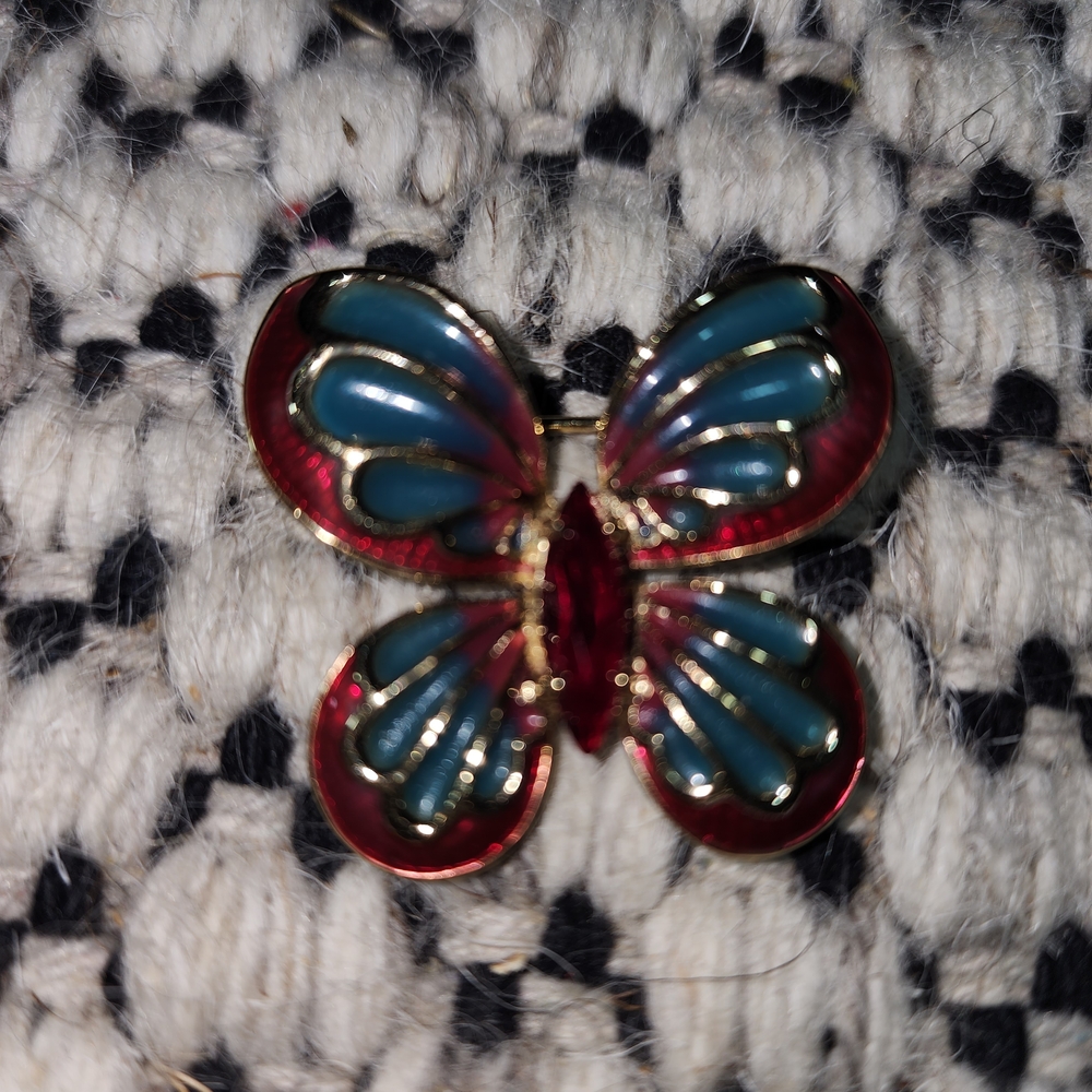 Vintage Enameled Butterfly Pin w/Red Stone Gold-tone